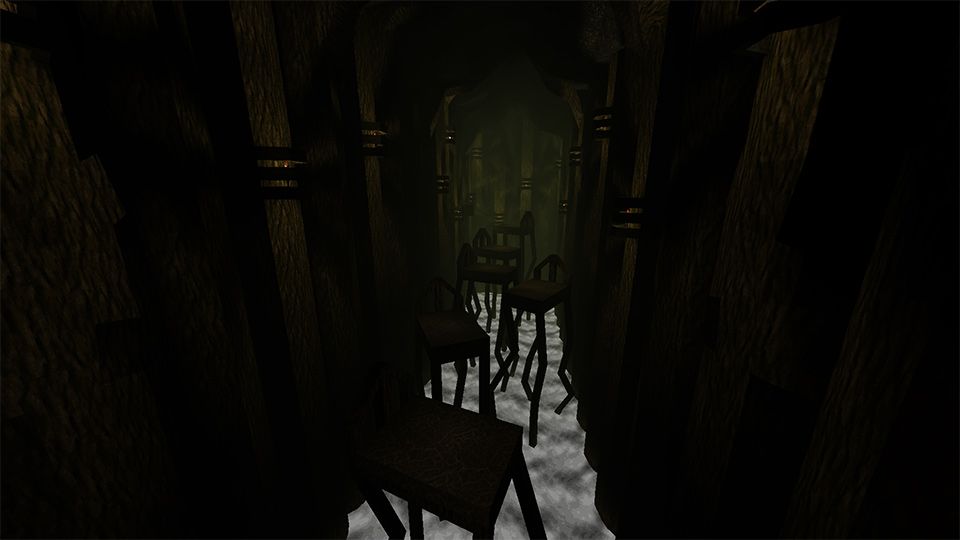 A dark hallway filled with tall chairs.