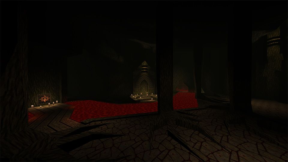A dark room surrounded by a river of lava.